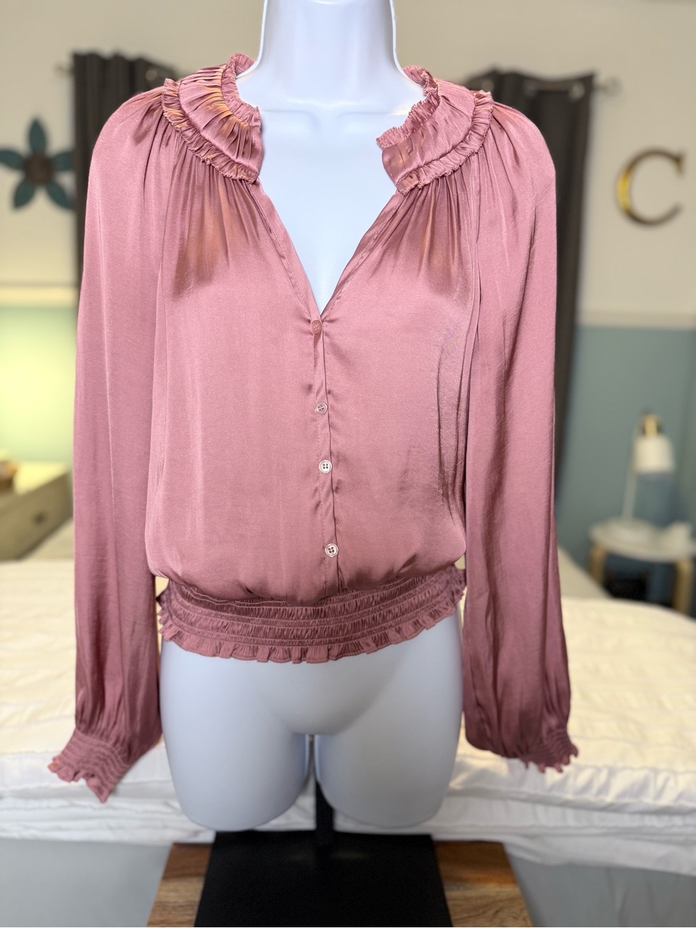 Elie Tahari Dusty Rose Ruffled Silk-Blend Blouse
